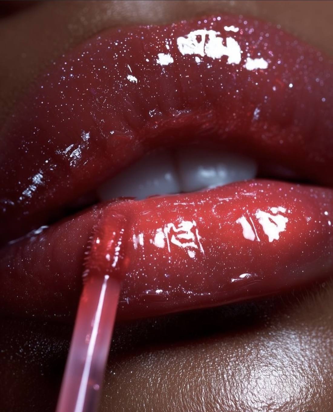 Close-up of glossy lips with an N Cosmetics applicator